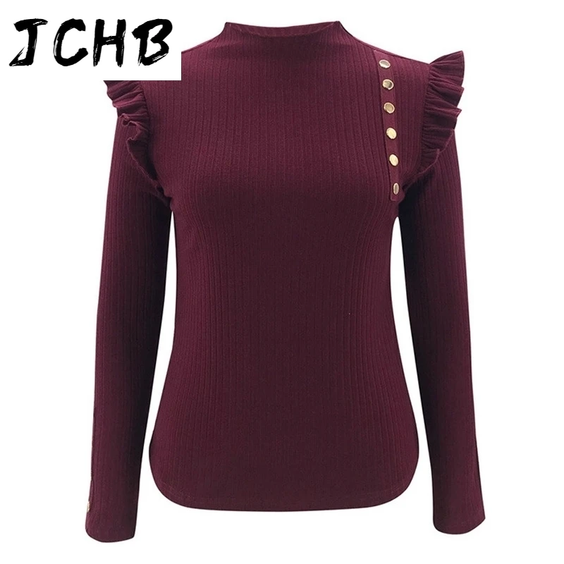 

Women Elegant Solid Sweater Autumn Winter O-Neck Long Sleeve Button Ruffles Decor Warm Slim Pullover Lady Bottoming Knitted Tops