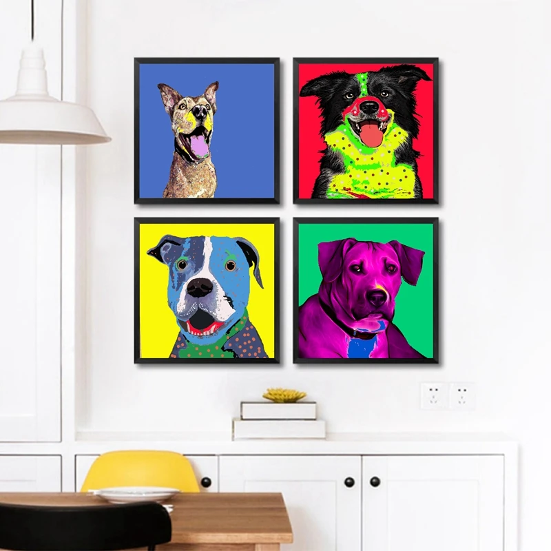 Картины с собаками поп-арт Холст Плакаты и принты подарки для любителей собак, красочная собака рисунок поп-арт настенные картины декор для зоомагазина
