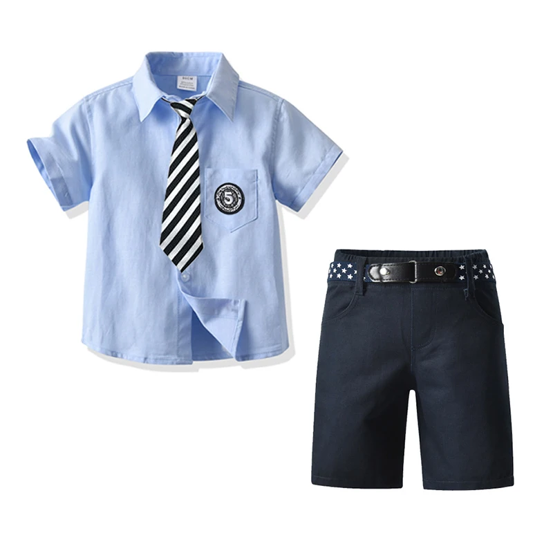 

Летний детский костюм для мальчиков, рубашка с коротким рукавом и шорты с поясом, комплект из 3 предметов, одежда для маленьких мальчиков, де...
