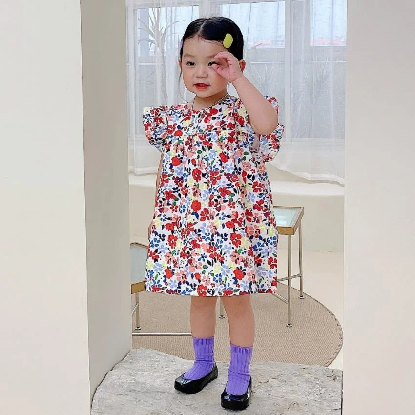 

Summer Retro Cotton Casual Floral Short sleeve Dress Baby Infant O-neck Sweet Cute Dresses For Girl A363