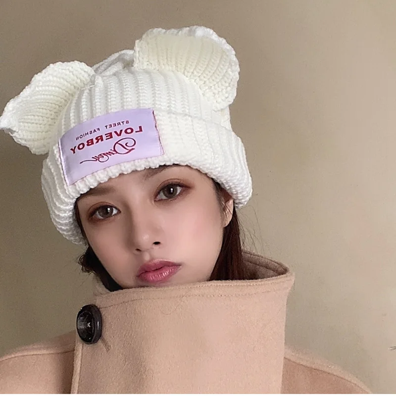 

Pig Hat Knit Hat Korean Version Woolen Big Ears Letter Stitching Hat Girl Autumn And Winter New Products Cute Fashion Wild Hat