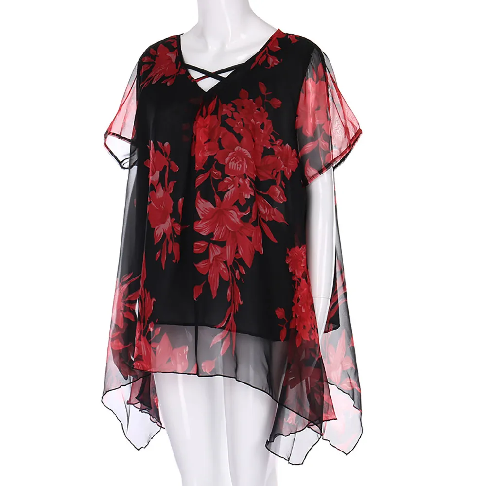 

Womens Clothing Blouse Women Elegant Blouses Women Plus Size Criss Cross Double Chiffon Print Short Sleeve Shirt Tops Blouse