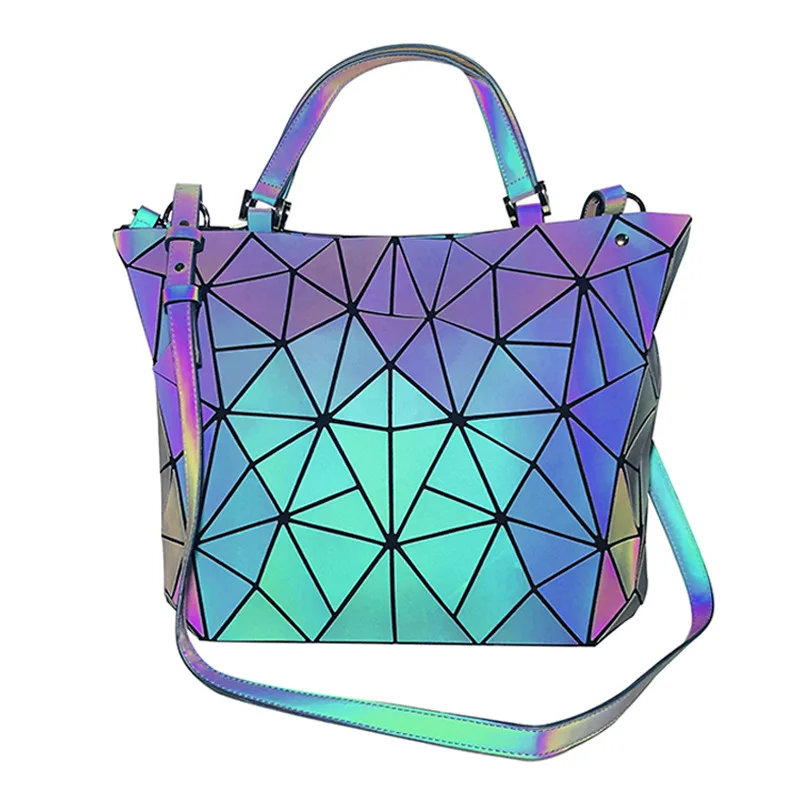 

New fashion women's bag laser diamond stitching shoulder strap messenger bag luminous bucket bag handbag foldable
