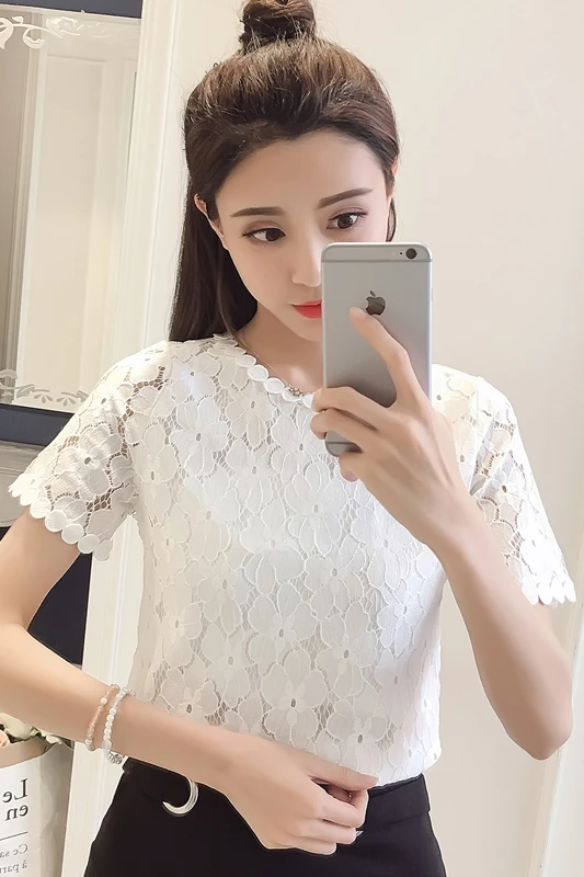 

COIGARSAM Brief Short Sleeve blouse women Summer Lace Hollow Out blusas womens tops and blouses Black White 1237