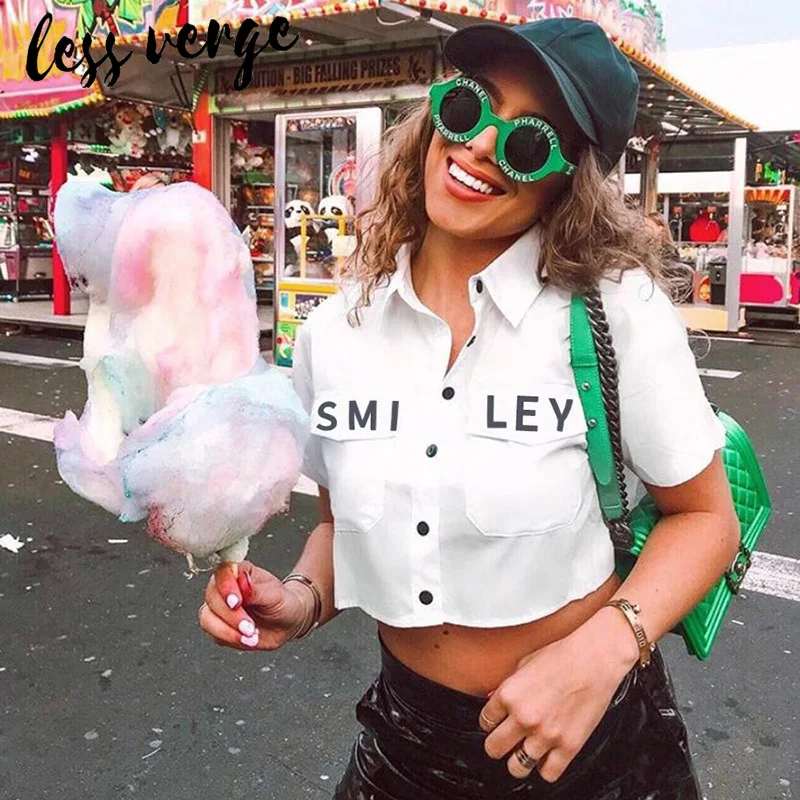 Lessverge/Повседневная белая блузка с коротким рукавом и буквенным принтом женская