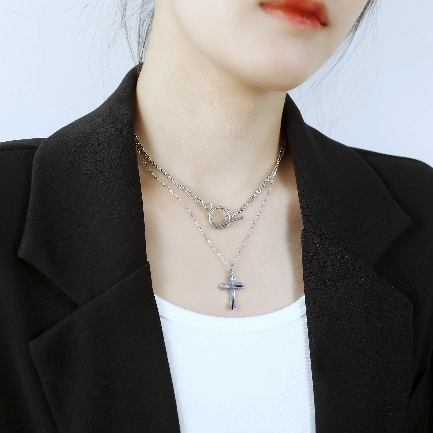 

JIALY 316L Stainless Steel Cross Double Necklace Chain For Women Fashion Jewelry Birthday Gift