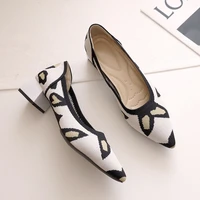 new flying woven single shoes womens mid heel braided shallow mouth chunky heel leopard print pointed toe high heels sexy pumps