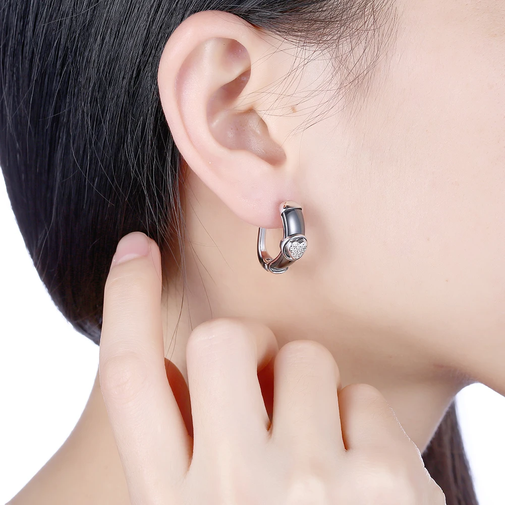 

LEKANI 925 Sterling Silver Stud Earrings For Women Black Ceramic Heart 5A Clear Cubic Zirconia Earring Anniversary Fine Jewelry