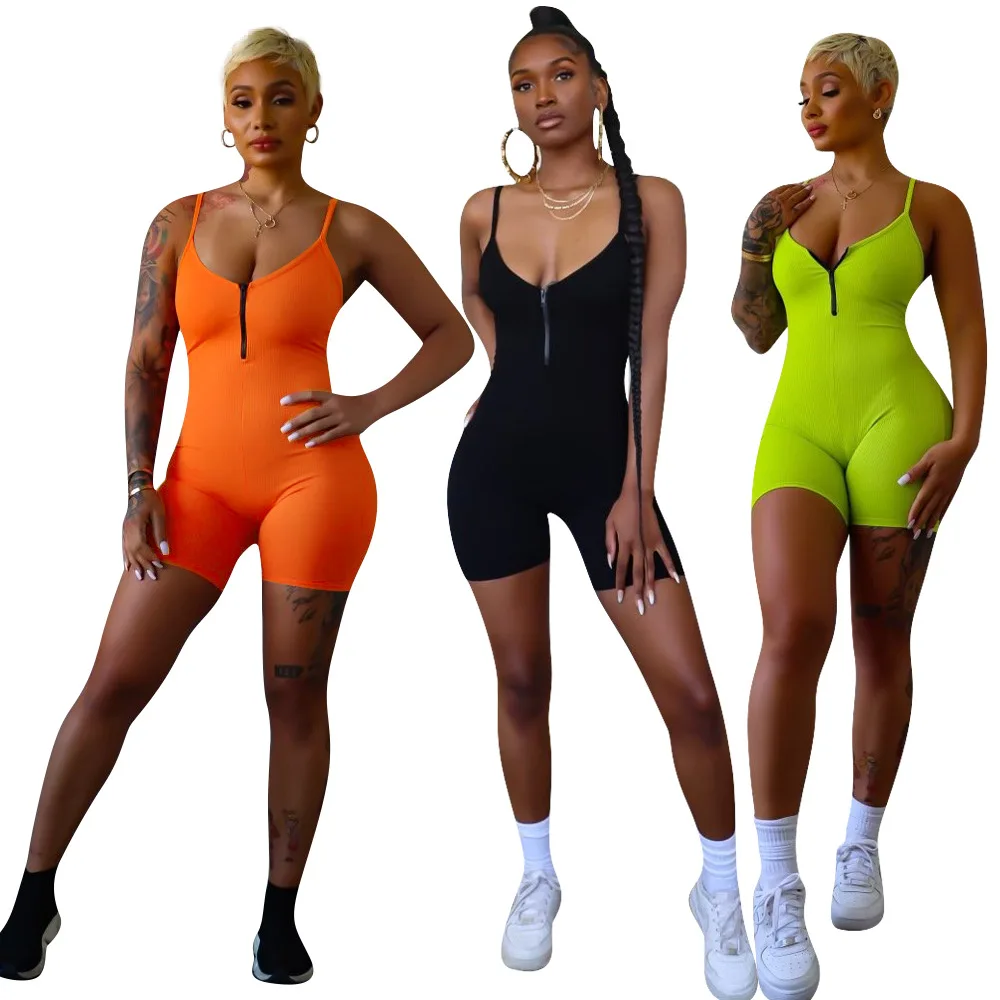 

Summer Solid Jumpsuit Women Sexy Zipper Spaghetti Strap Biker Shorts Bodycon Playsuit Casual Knit Rib Sportswear Slim Overalls