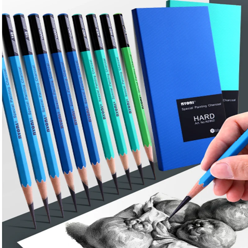 NYONI 10PCS Bold Hard/Medium/Soft/14B Charcoal Sketch Pencils Professional Carbon Pencil For Sketching Drawing Tool Art Supplies