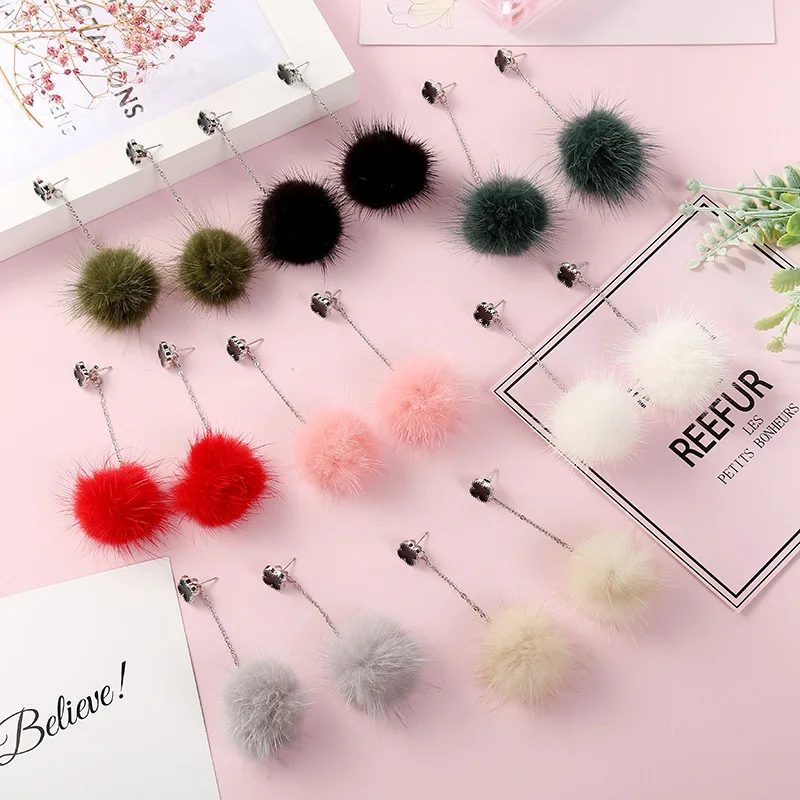 Korean Style Long Four-leaf Fur Ball Ear Drop Statement Earrings 925 Silver Needle Hair Dangle for Women Girls | Украшения и