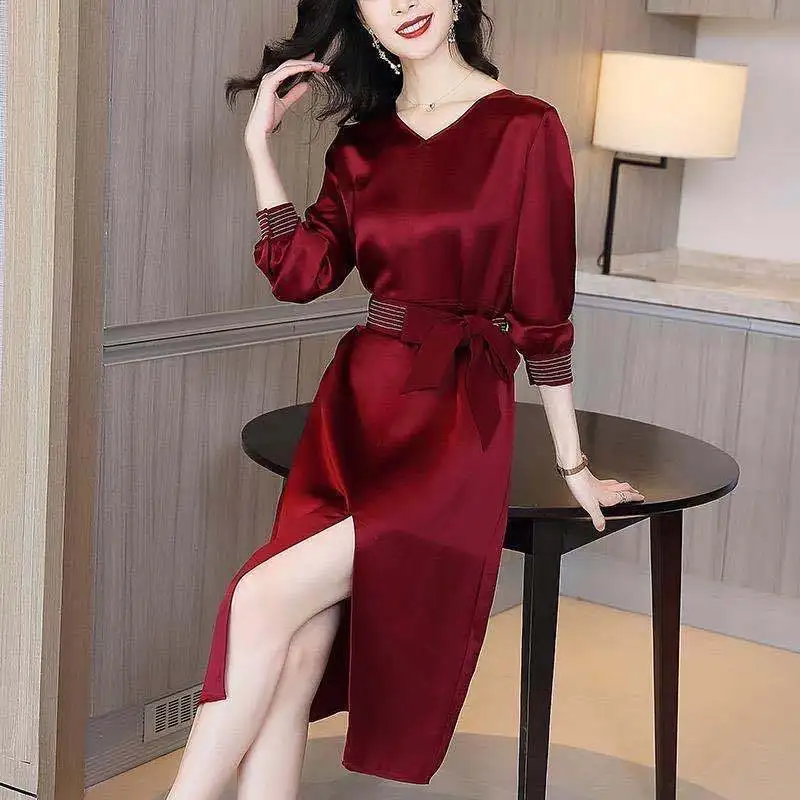 

2021 New Summer Women Fashion Party Split Dresses Solid Color Sashes Bow Dress Elegant V-Neck Slim A-Line Long Vestidos B102