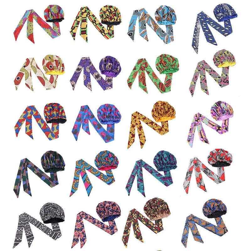 10 шт./компл. Африканский тюрбан с принтом атласный капот длинной лентой головной