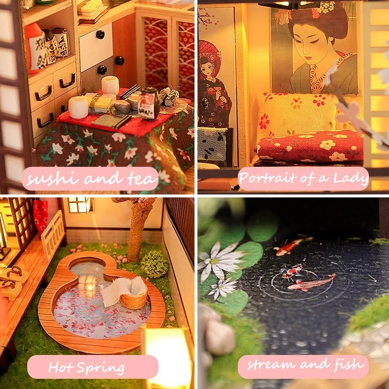 New Japanese Architecture DIY Wooden Dollhouses with Sakura Assembled Miniature Furniture Doll House Toys for Adult Gift | Игрушки и