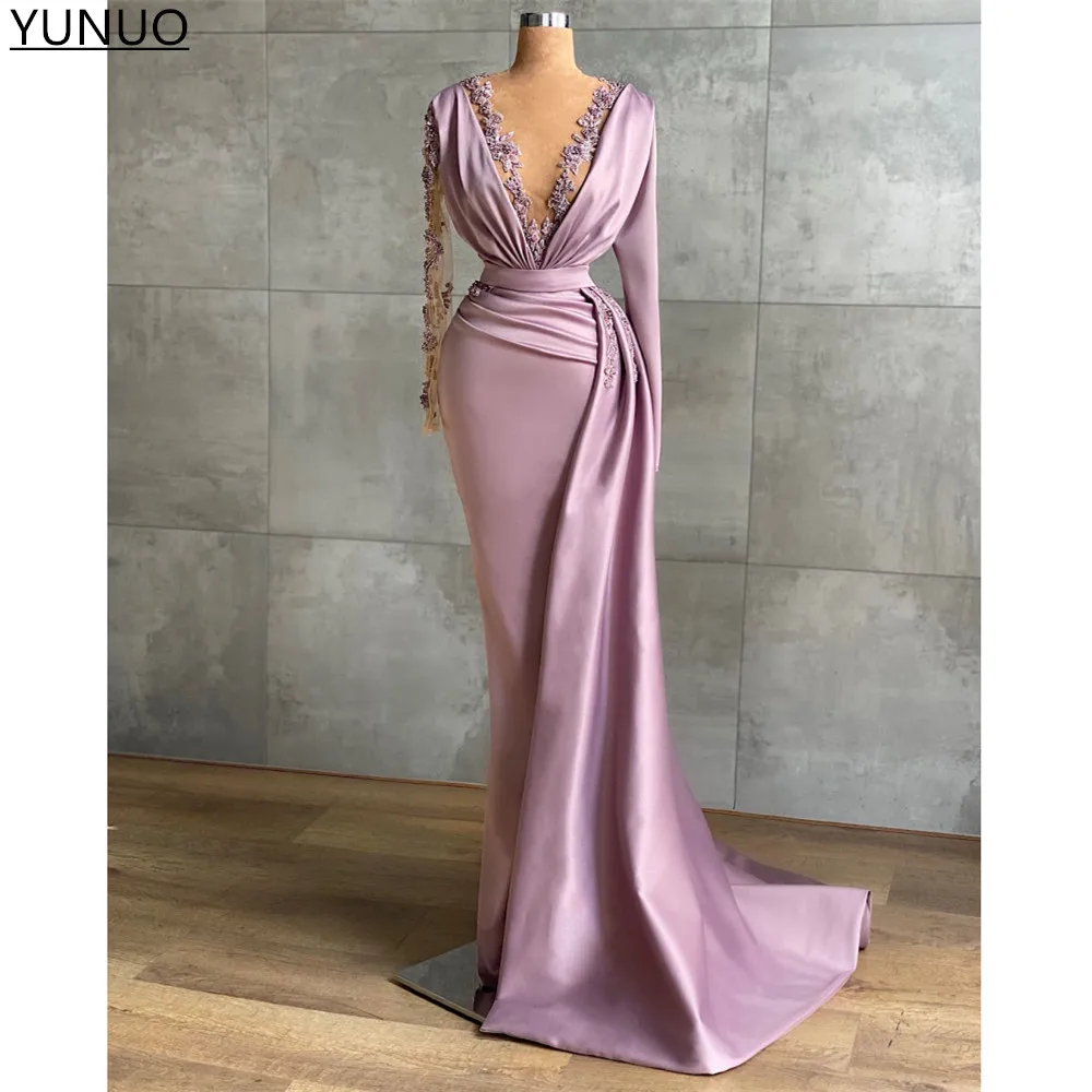 

YUNUO Dusty Pink Mermaid Arabic Evening Dresses Prom Party Gowns with Overskirt Long Sleeves Dubai Formal Dress فساتين السهرة