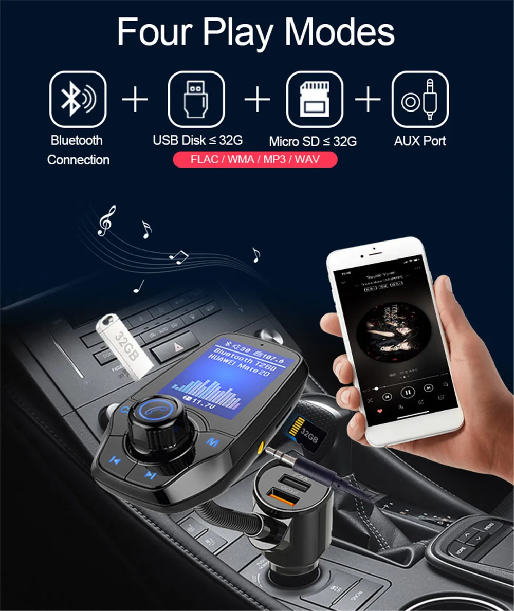 Автомобильный Bluetooth fm-передатчик без рук MP3-плеер цветной большой экран пусковой приемник QC3.0 Bluetooth радио передатчик T26D