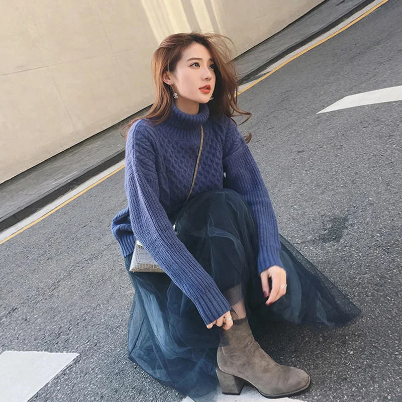 Женский комплект осень зима размера плюс 5XL юбка костюм водолазка вязаный свитер