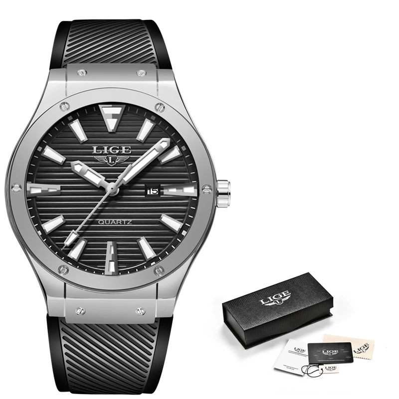 Часы наручные LIGE Мужские кварцевые с силиконовым ремешком брендовые Роскошные