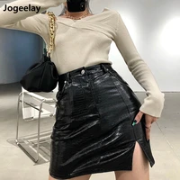 womens black leather mini skirt slim cut high waist pencil latex skirt with zip front y2k stripe pu skirt