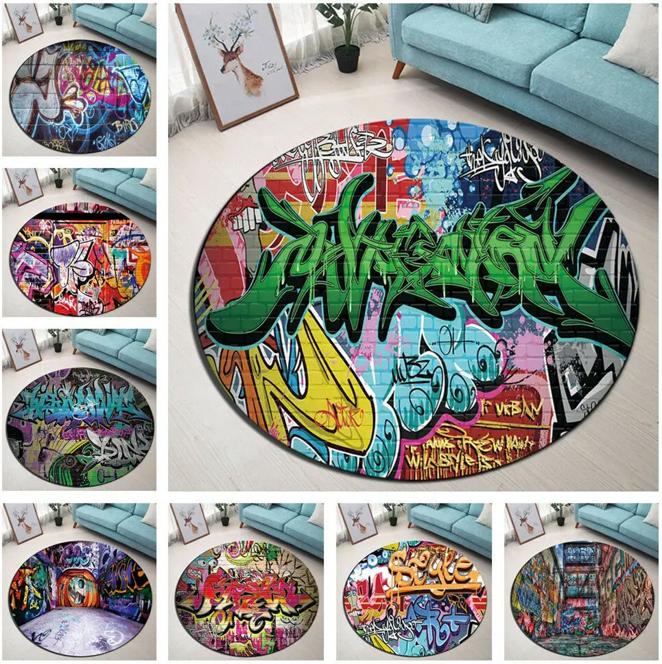 

Vintage Wall Graffiti Art Round Area Rug Carpet for Home Living Room Memory Foam Bedroom Circle Cushion Bathroom Floor Door Mat