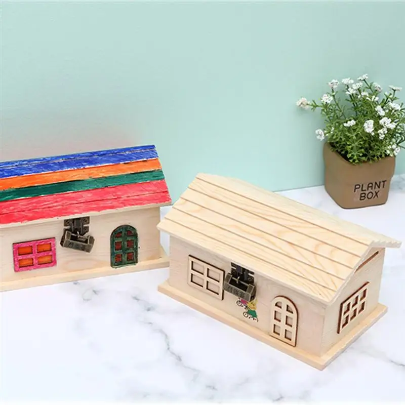 

1Pc Wooden Piggy Bank Retro House Shaped Money Saving Container with Lock