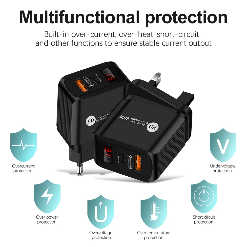 

Quick Charge 3.0 PD USB Charger Universal 20W USB Type C Fast Charger Power Adapter for iPhone 12 8 Plus Xiaomi Phone iPAD