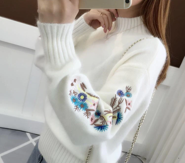 RealShe Осенний женский свитер 2019 водолазка длинный рукав вышивка толстый