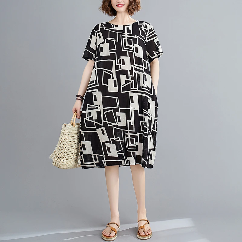 

#0185 Black Printed Dress Women Cotton Linen T Shirt Dress Long Loose O Neck Vintage Dresses Ladies Short Sleeves Summer