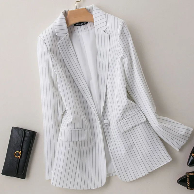 Женский блейзер в полоску повседневный Блейзер синего цвета с длинным рукавом на