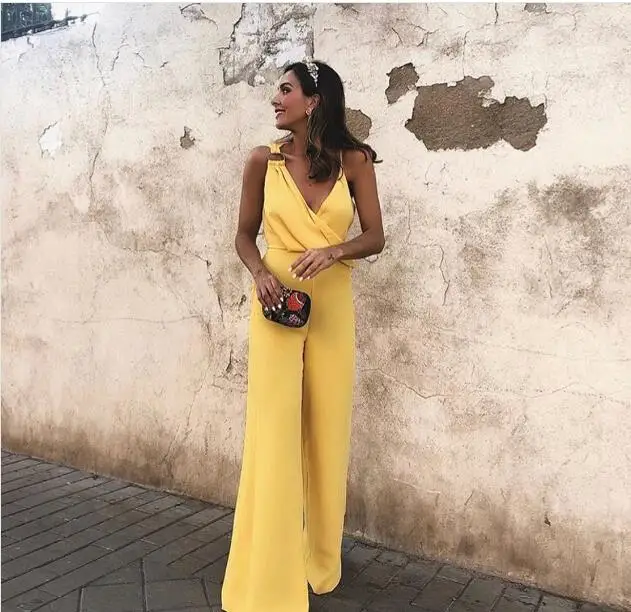 

Комбинезон женский с широкими штанинами, комбинезон на бретелях, без рукавов, с V-образным вырезом, на лето