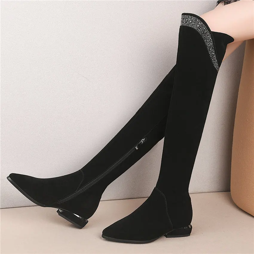 Women Black Genuine Leather Pointed Toe Straight Over The Knee High Boots Low Heel Winter Warm Rivets Studs Oxfords Casual Shoes