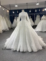 luxury beaded muslims wedding dress 2022 lace appliques long sleeves ball gown bridal customized vestido de noivas