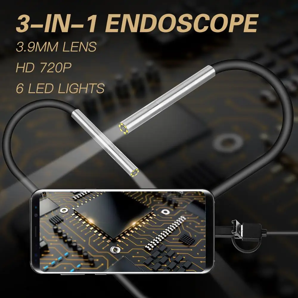 3.9mm Endoscope Camera Tiny Lens Android Endoscope 6 LED Micro USB Type C 3 in 1 Waterproof Inspection For Android PC Borescope