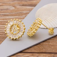 nidin hot sale 26 initial letter earrings personal gift for women cute alphabet zircon whiterose gold stud earrings jewelry