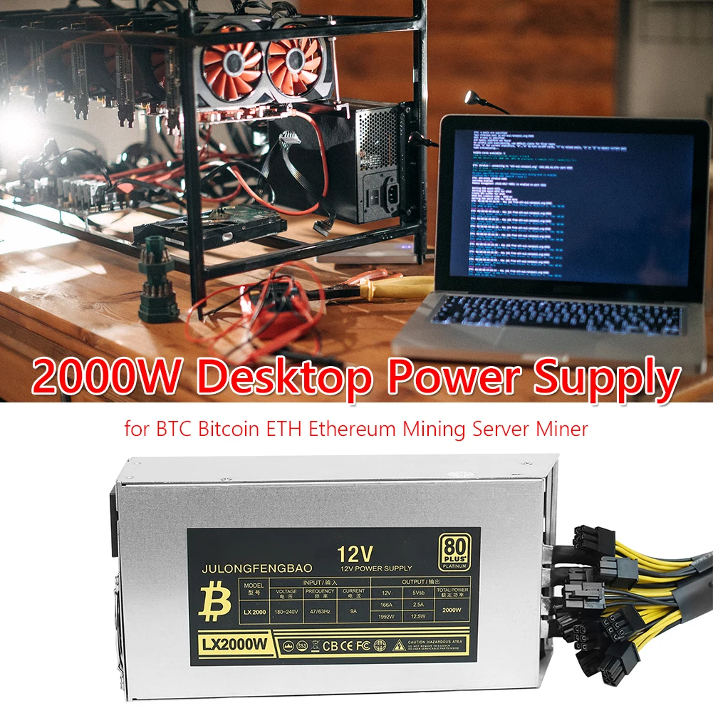 

ATX 12V 2.3 2000W Active PFC Desktop ETH Power Supply Unit High Efficiency 6Pin for BTC Bitcoin ETH Ethereum Server Miner Mining