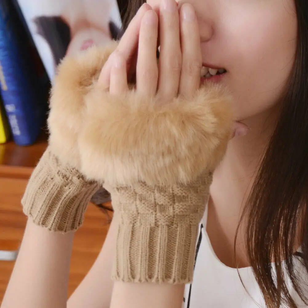 

1 Pair Nitted Winter Mittens Warmer Women New Fingerless Wrist Gloves Faux Fur Ladies Casual Newest Warmers Accessories