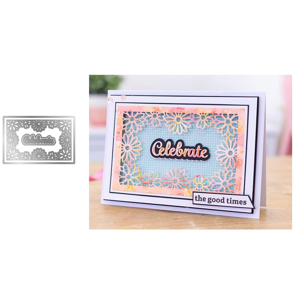 

Flowers Rectangle Frame Celebrate Words Metal Cutting Dies Craft for Scrapbooking Knife Mould Blade Punch Stencil Model Template