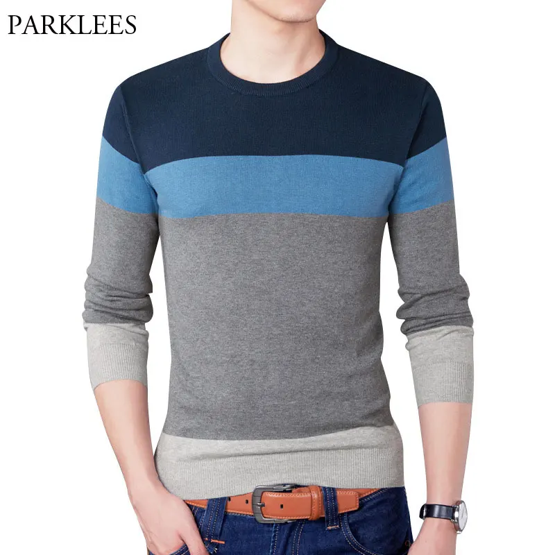 Полосатый пуловер свитер для мужчин осень 2020 с круглым вырезом длинным рукавом