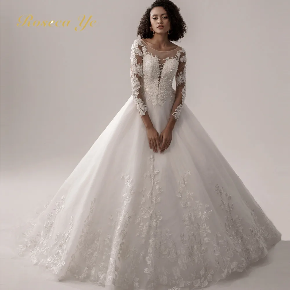 

Roseca Ye принцесса с длинным рукавом свадебное платье 2022 Весна цвета слоновой кости прозрачная спина бальное платье женские свадебные платья