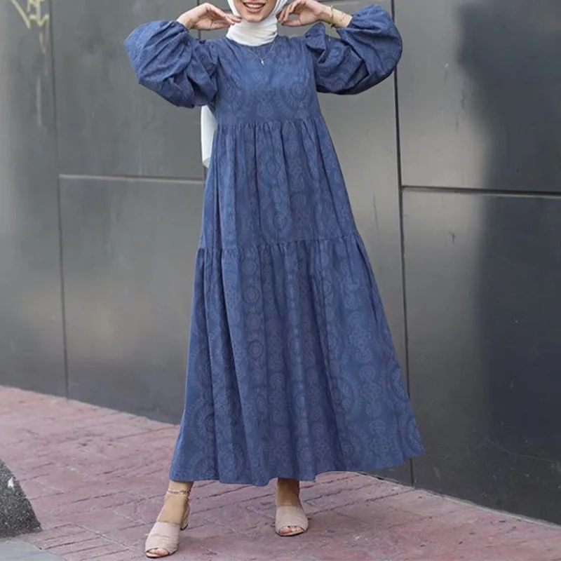 Мусульманское платье с длинным рукавом и синим принтом, узкое женское платье Дубая, зима 2022, Повседневная Свободная пикантная длинная юбка ...