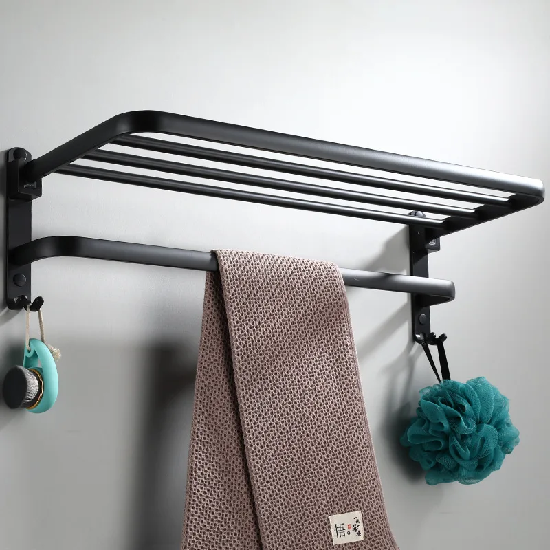 Складная вешалка для полотенец с планкой, черная, 39-59 см, вешалка для полотенец с крючками, алюминиевая полка для ванной, аксессуары, настенн... от AliExpress RU&CIS NEW