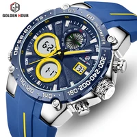 top brand goldenhour men watch fashion luxury dual display quartz wristwatch analog digital sports clock relogio masculino