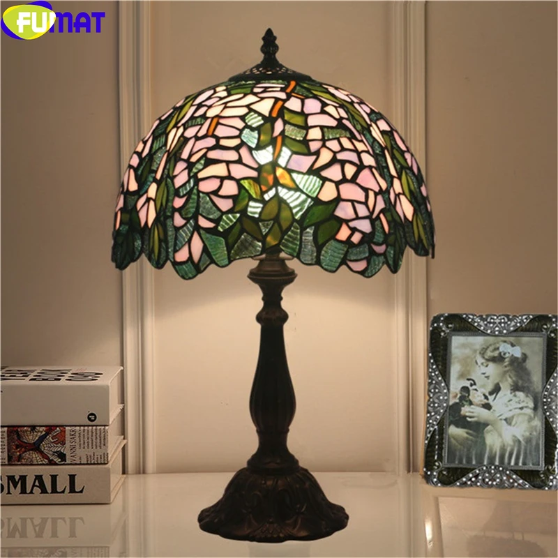 

FUMAT tiffany style table lamp Japanese wisteria green vine lampshade 12 inch stained glass desk light handicraft arts Home Deco