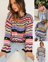 2021 autumn and winter new stitching sweater loose inter color rainbow round neck striped sweater women
