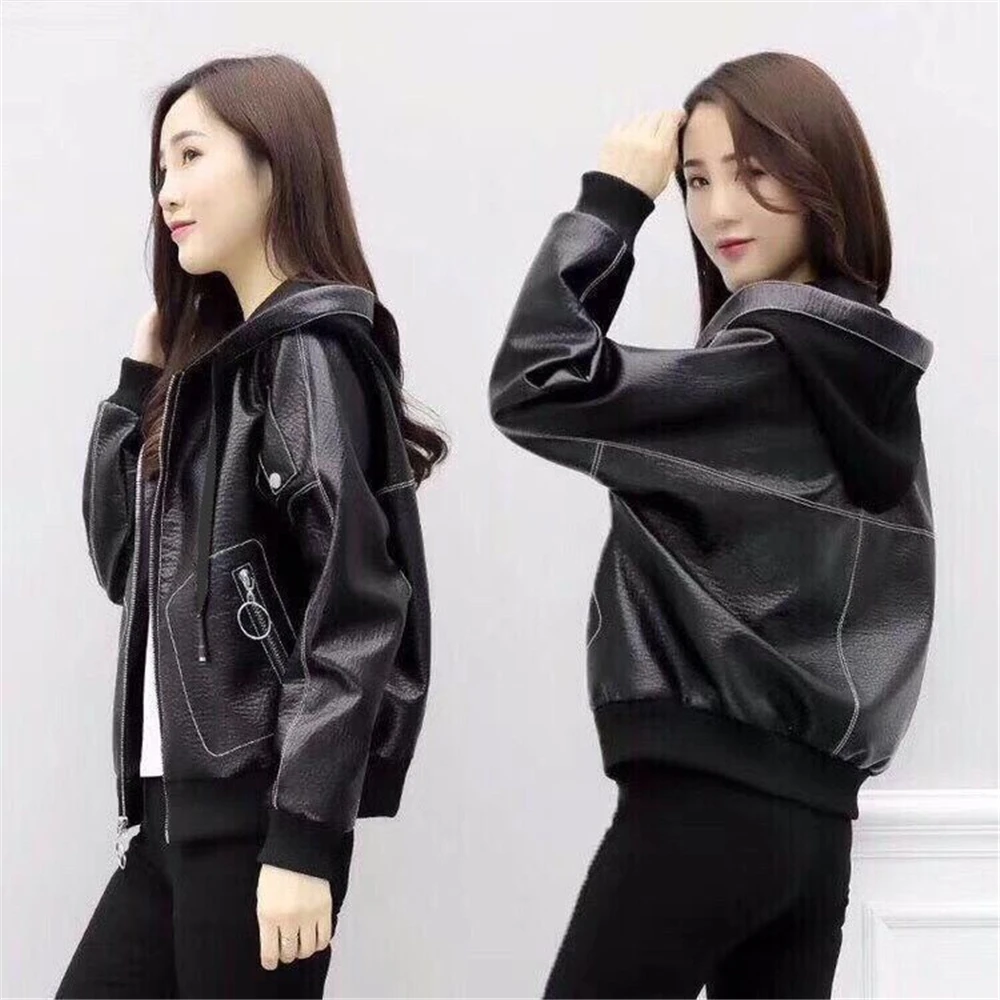Spring Autumn Womens PU Leather Coats Trendy Loose  Large Size Lady Jackets Female Outerwear Fashion Hooded New Arrivals Mujer images - 6