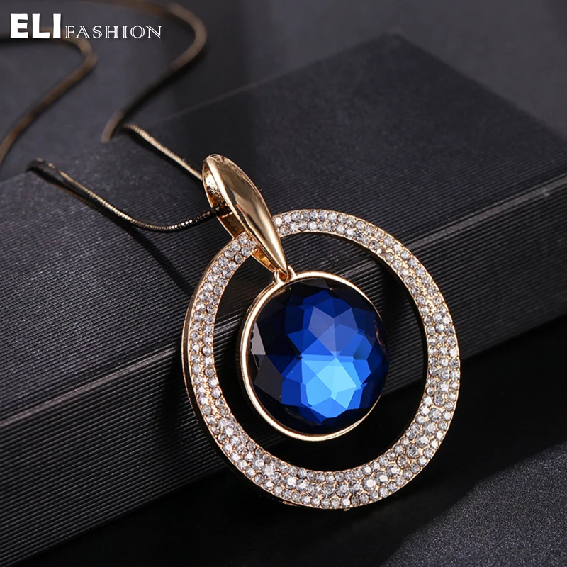 Elifashion кристалл кулон свитер ожерелья большие стразы круг и синий цельные Стразы