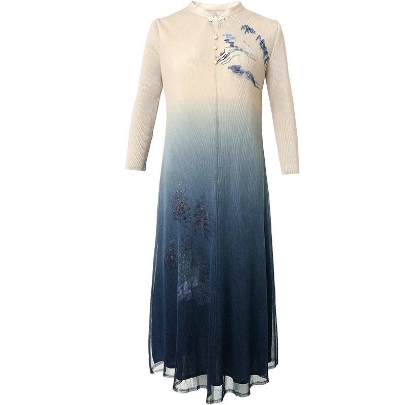 

Vintage Plus Size Elegant Dress Chinese Style For Women 45-75kg Autumn Stand Collar Stretch Miyake Pleated Improved cheongsam