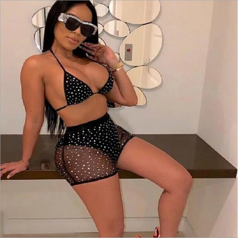 Женская одежда из двух частей летний сетчатый топ с блестками + байкерские шорты