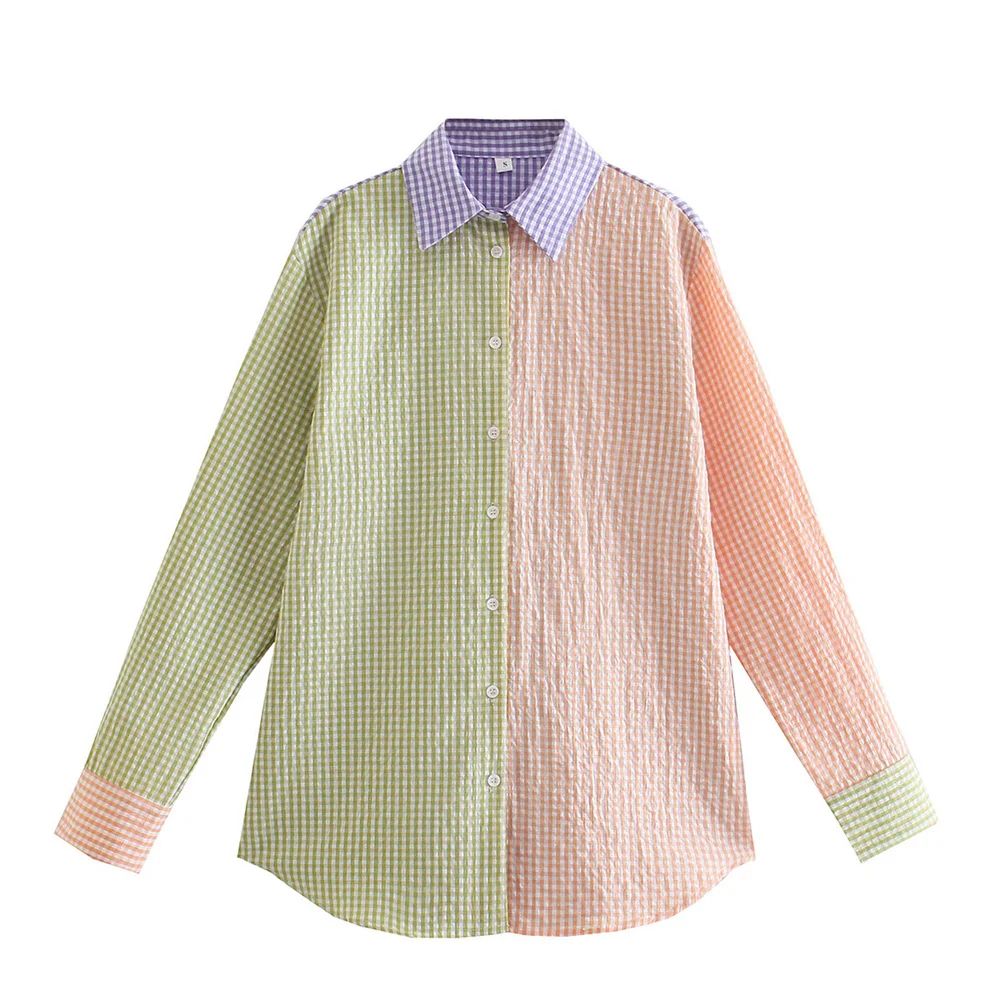 

BLSQR Contrast Color Blouse Women Streetwear Fashion Straight Outwear Shirt Female Plaid Elegant Pleated Tops Lady