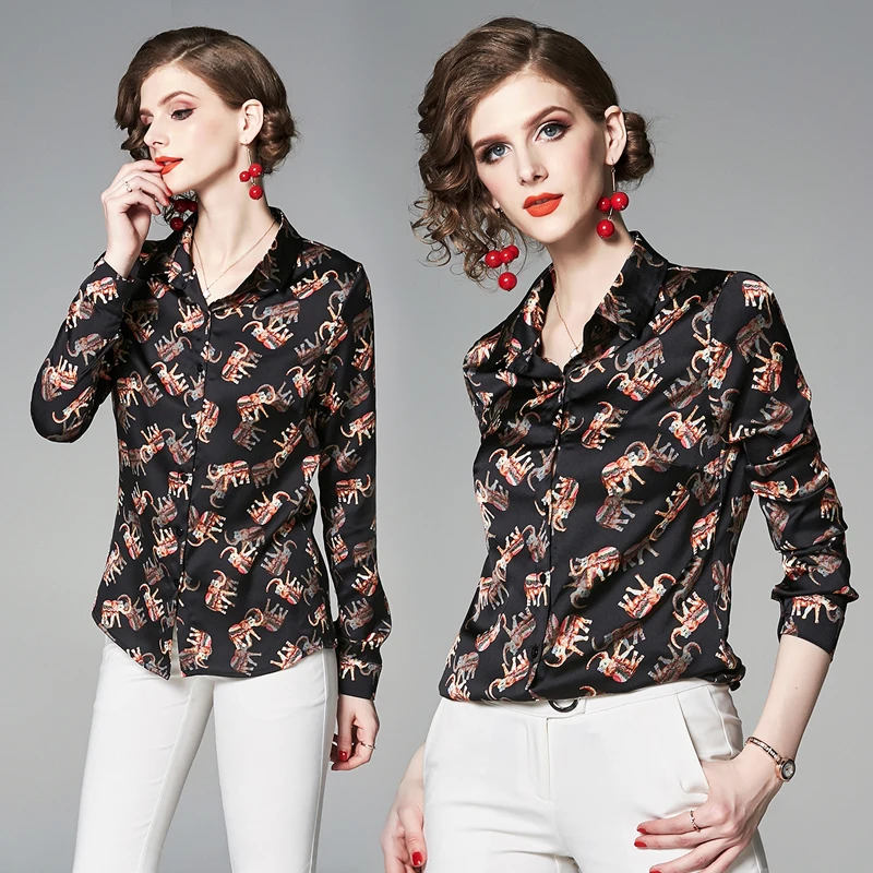 

Chiffon Women's Blouse Print Casual Plus Size Girl's Polo Shirt New Loose Long Sleeve Top Fashion Lady Blusas Button Houthion